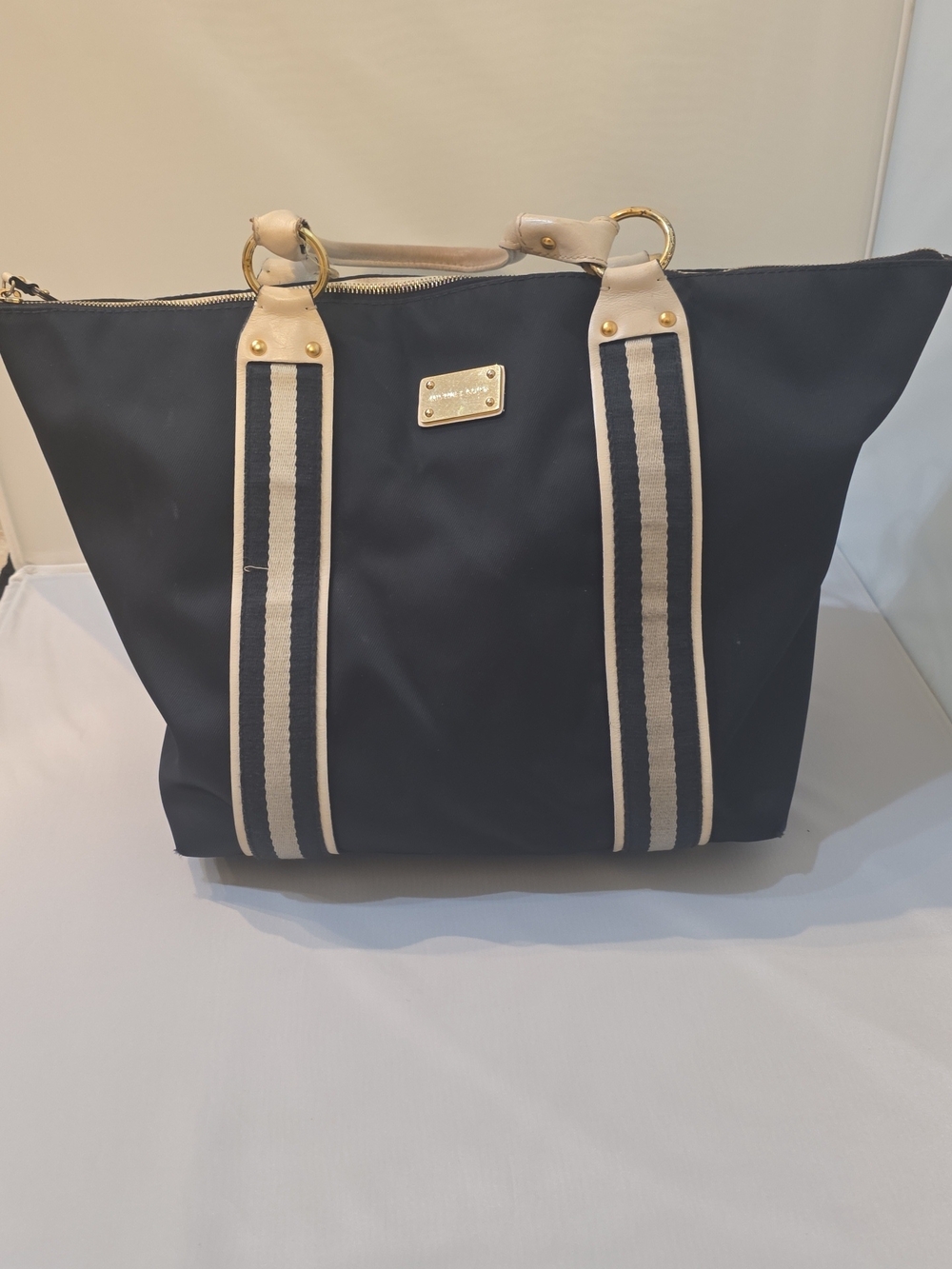 Michael Kors Navy Tote with Cream Striped Handles